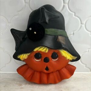 Vintage Ceramic Hand Painted Halloween Fall Scarecrow Head Face Pom Pom Bat